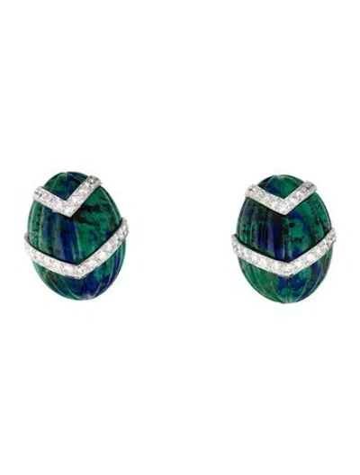 Pre-owned David Webb 18k Azurmalachite & Diamond Clip-on Earrings In Multi