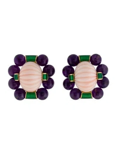Pre-owned David Webb 18k Coral & Amethyst Clip-on Earrings In Green