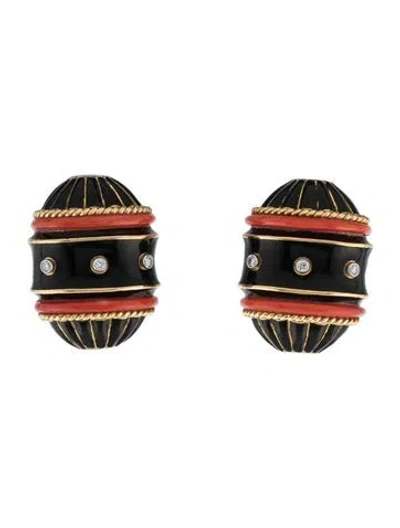 Pre-owned David Webb 18k Coral, Diamond & Enamel Clip-on Earrings In Black