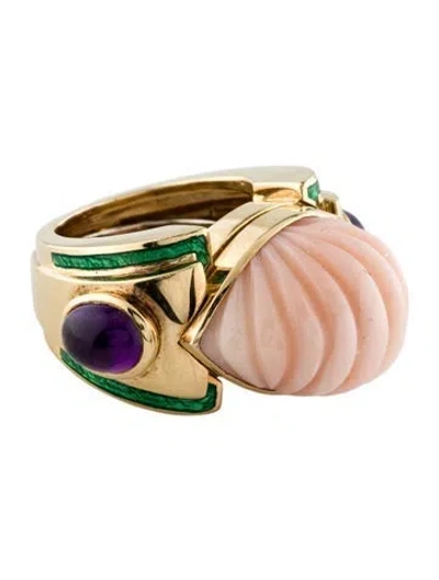Pre-owned David Webb 18k Coral, Enamel & Amethyst Cocktail Ring In Green