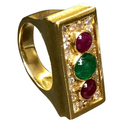 Pre-owned David Webb 18k  Diamond Cabochon Emerald Ruby Hammered Cocktail Ring 7.75 In Green