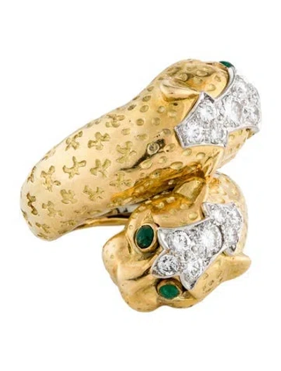 Pre-owned David Webb 18k Diamond & Emerald Crossover Leopard Cocktail Ring In Multi