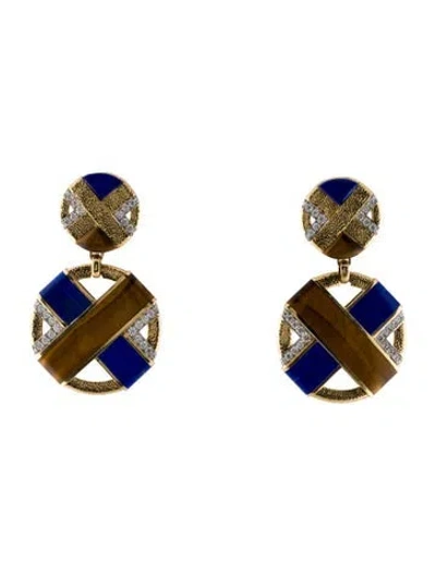 Pre-owned David Webb 18k Diamond, Lapis Lazuli & Tiger's Eye Xo Earrings In Multi