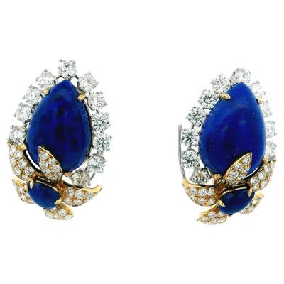 Pre-owned David Webb 18k Gold & Lapis-lazuli With Diamond Clip-on Earrings. In Multi