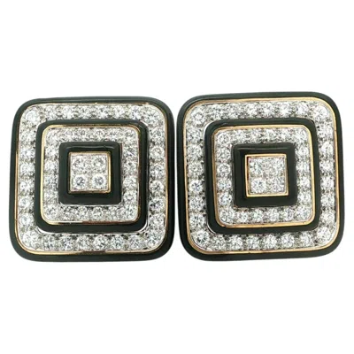 Pre-owned David Webb 18k Gold & Platinum 5.5ctw Diamond Black Enamel Square Step Earrings