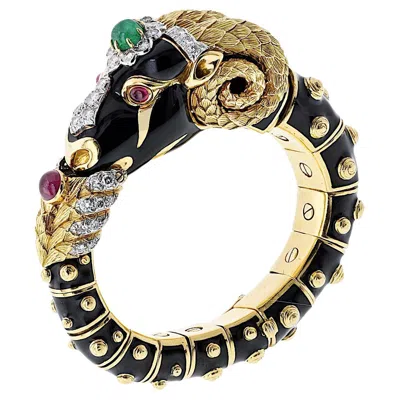 Pre-owned David Webb 18k Gold & Platinum Black Enamel Ram Bangle Bracelet