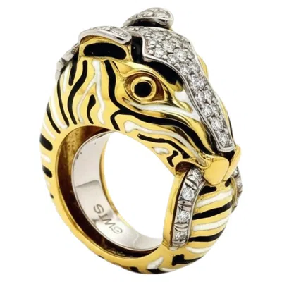Pre-owned David Webb 18k Gold & Platinum Diamond Enamel Zebra Ring In Multiple
