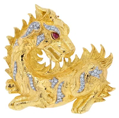 Pre-owned David Webb 18k Gold & Platinum Dragon Diamond Pendant Brooch In Multi