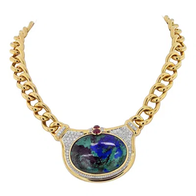 Pre-owned David Webb 18k Gold Azurmalachite And Diamond Chain Link Necklace In Multi