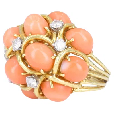Pre-owned David Webb 18k Gold Coral Diamond Cocktail Dome Ring In Red