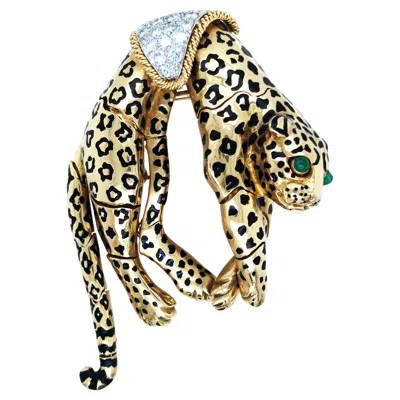 Pre-owned David Webb , 18k Gold Enamel Emerald Diamond Leopard Brooch In Green