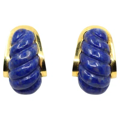 Pre-owned David Webb 18k Gold Lapis Lazuli J Hoop Earrings In Multi