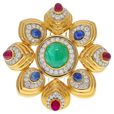 Pre-owned David Webb 18k Gold Multicolor Cabochon Gemstone And Diamond Maltese Brooch