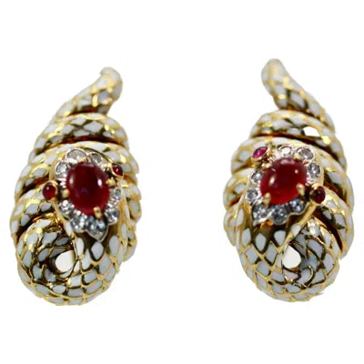 Pre-owned David Webb 18k Gold Platinum Ruby Diamond Snake Clip-on Earrings, 1990 In Multi