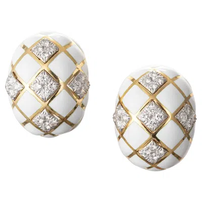 Pre-owned David Webb 18k Gold Platinum White Enamel Diamond Domed Earrings