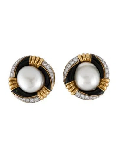 Pre-owned David Webb 18k Pearl, Diamond, & Enamel Clip On Earrings In Black