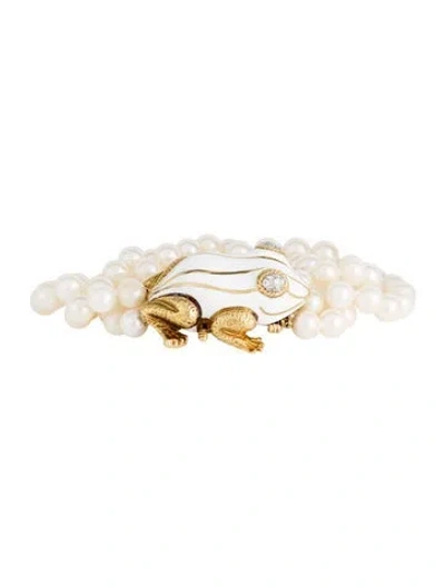 Pre-owned David Webb 18k Pearl, Enamel & Diamond Frog Bracelet, 6.5" In White
