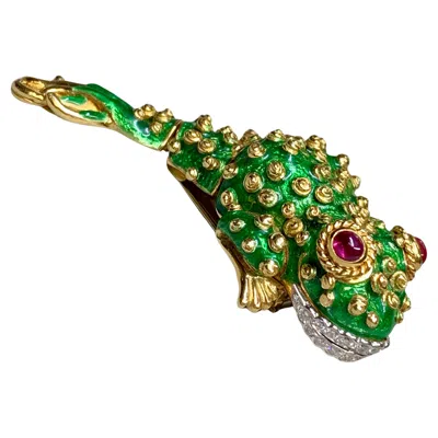 Pre-owned David Webb 18k Platinum Diamond Cabochon Ruby Tadpole Frog Brooch In Multi