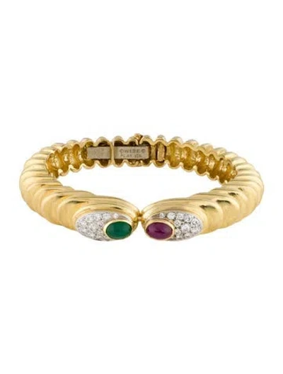 Pre-owned David Webb 18k Ruby, Emerald & Diamond Bangle Bracelet, 6" In Multi