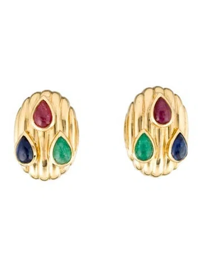 Pre-owned David Webb 18k Ruby, Emerald & Sapphire Clip-on Earrings In Multi