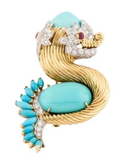 Pre-owned David Webb 18k Turquoise, Ruby & Diamond Chimera Brooch In Multicolor