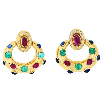 Pre-owned David Webb 18k White Gold Ruby, Emerald And Sapphire Door Knockers Earrings