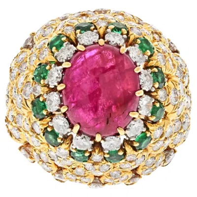 Pre-owned David Webb 18k Yellow Gold 1970s Ruby, Diamond And Emerald Cocktail Ring