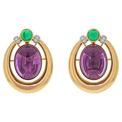 Pre-owned David Webb 18k Yellow Gold Amethyst And Cabochon Green Emeralds Earrings