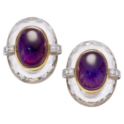 Pre-owned David Webb 18k Yellow Gold Amethyst Cabochon, Rock Crystal, Diamond Ear Clips
