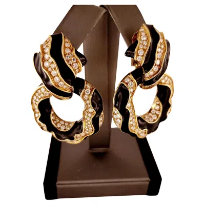 Pre-owned David Webb 18k Yellow Gold & Black Enamel Diamond Clip-on Earrings