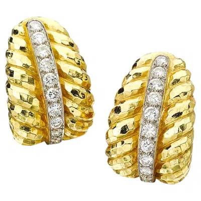 Pre-owned David Webb 18k Yellow Gold And Platinum Diamond Clip Earrings 2.05 Cts