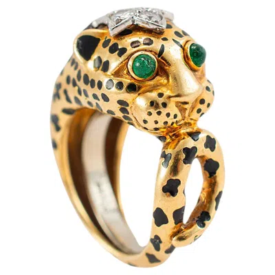 Pre-owned David Webb 18k Yellow Gold & Platinum Leopard Looped Tail Diamond Cocktail Ring