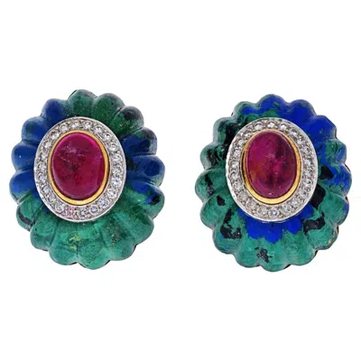 Pre-owned David Webb 18k Yellow Gold Azurite-malachite, Ruby, Diamond Earrings