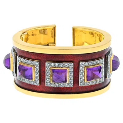 Pre-owned David Webb 18k Yellow Gold Bastille Purple Amethyst Red Enamel Diamond Bracelet