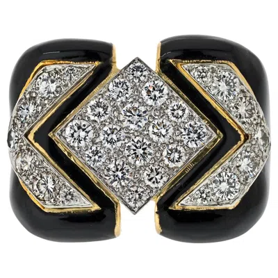 Pre-owned David Webb 18k Yellow Gold Black Enamel And Diamond Cocktail Ring