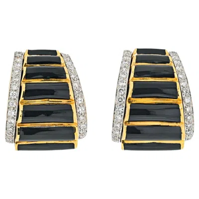 Pre-owned David Webb 18k Yellow Gold Black Enamel And Diamond Shrimp Style Clip Earrings