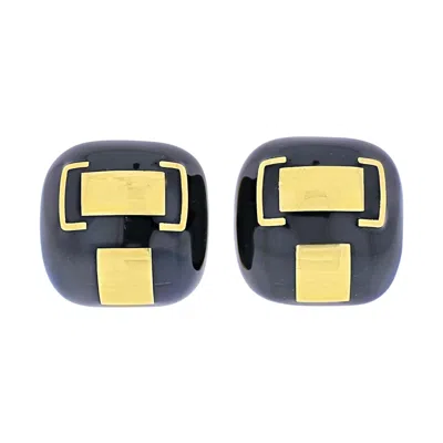 Pre-owned David Webb 18k Yellow Gold Black Enamel Cushion Clip-on Earrings
