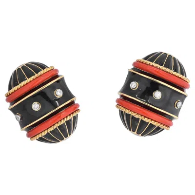 Pre-owned David Webb 18k Yellow Gold Black Enamel, Diamond And Coral Barrel Shaped Earring