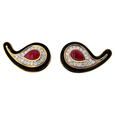 Pre-owned David Webb 18k Yellow Gold Black Enamel Diamond And Ruby Clip On Earrings