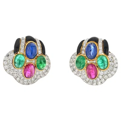 Pre-owned David Webb 18k Yellow Gold Black Enamel Diamond Sapphire Emerald Ruby Earrings