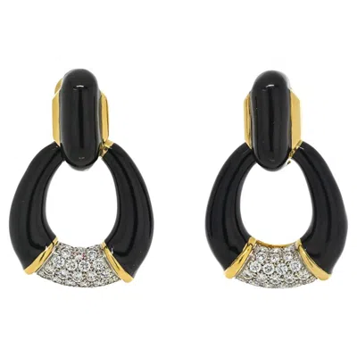 Pre-owned David Webb 18k Yellow Gold Black Enamel, Diamonds, Door Knocker Earrings