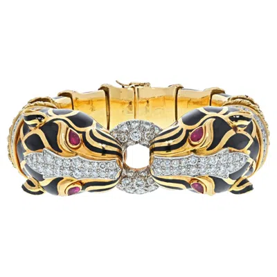 Pre-owned David Webb 18k Yellow Gold Black Enamel Double Head Lion Bracelet