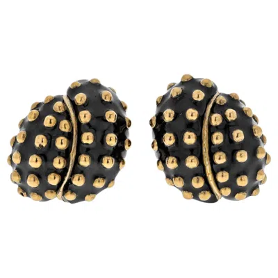Pre-owned David Webb 18k Yellow Gold Black Enamel Gold Studded Clip Earrings