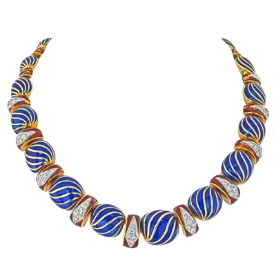 Pre-owned David Webb 18k Yellow Gold Blue And Red Enamel Diamond Collar Necklace