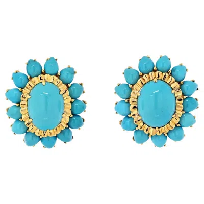 Pre-owned David Webb 18k Yellow Gold Cabochon Cut Turquoise Flower Clip-on Earrings