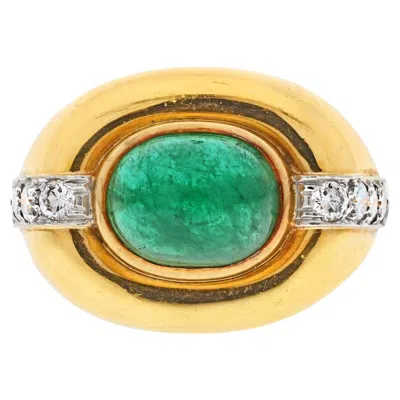 Pre-owned David Webb 18k Yellow Gold Cabochon Emerald Diamond Ring