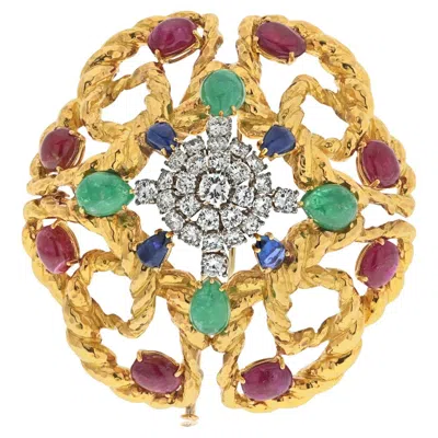 Pre-owned David Webb 18k Yellow Gold Cabochon Emerald, Ruby And Diamond Openwork Brooch