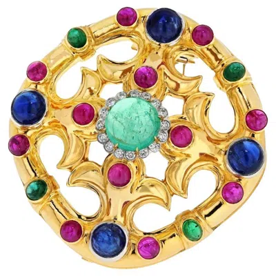 Pre-owned David Webb 18k Yellow Gold Cabochon Emerald, Sapphire, Ruby And Diamond Brooch