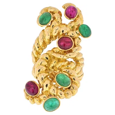 Pre-owned David Webb 18k Yellow Gold Cabochon Ruby, Green Emerald Serpent Ring