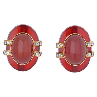 Pre-owned David Webb 18k Yellow Gold Carnelian And Diamond Clip Earrings